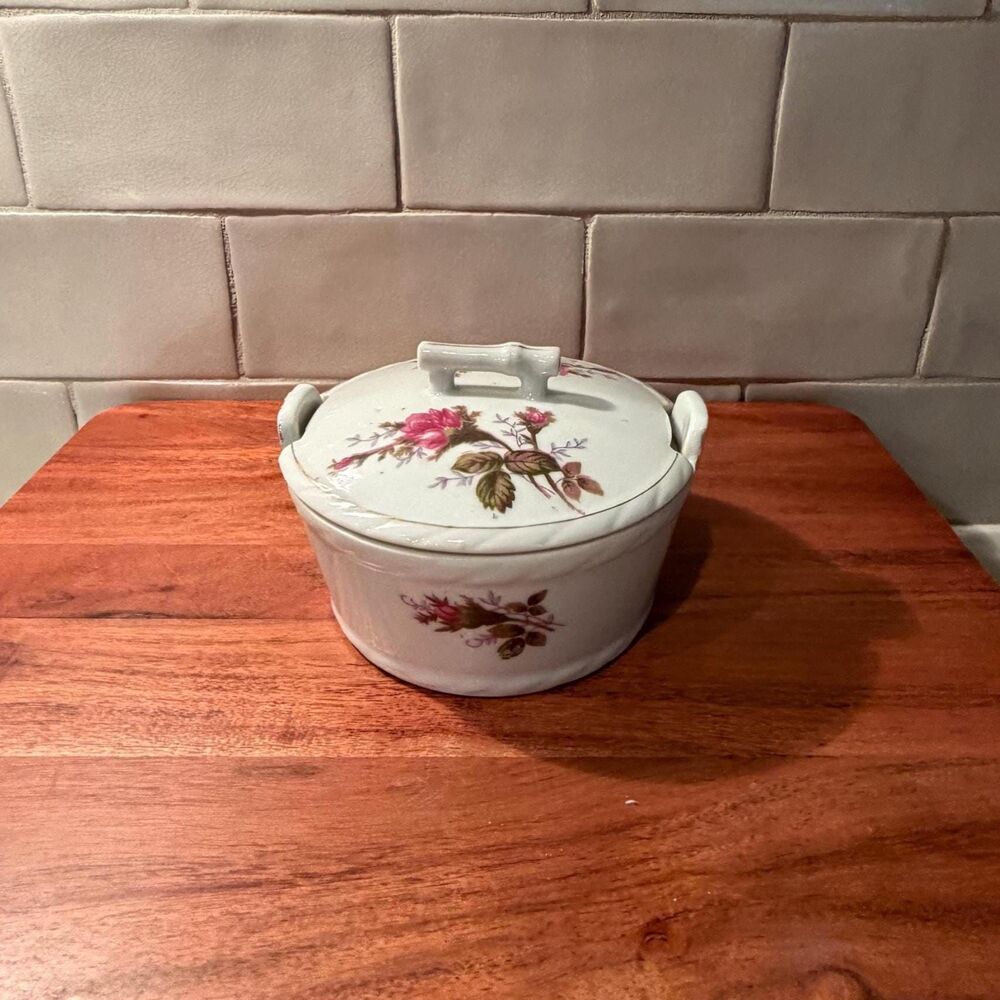 1950s Porcelain Butter Dish: Pink Rose Green Foliage Motif, Gold Rim, Moss Rose